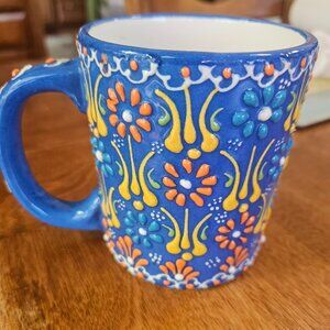 handmade Turkish ceramic mug from myth arts hand painted floral design blue